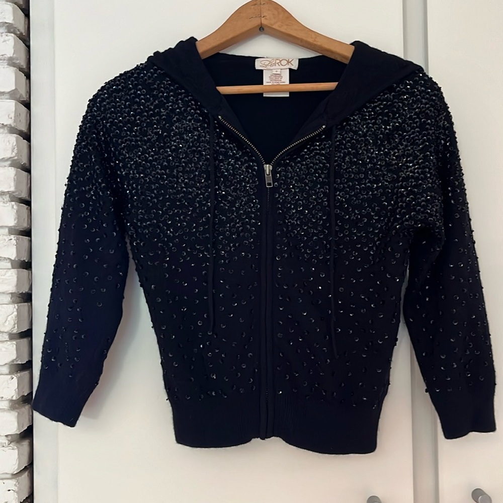 LaRok. All over sequined and beaded. Cashmere and silk hooded sweater. Small